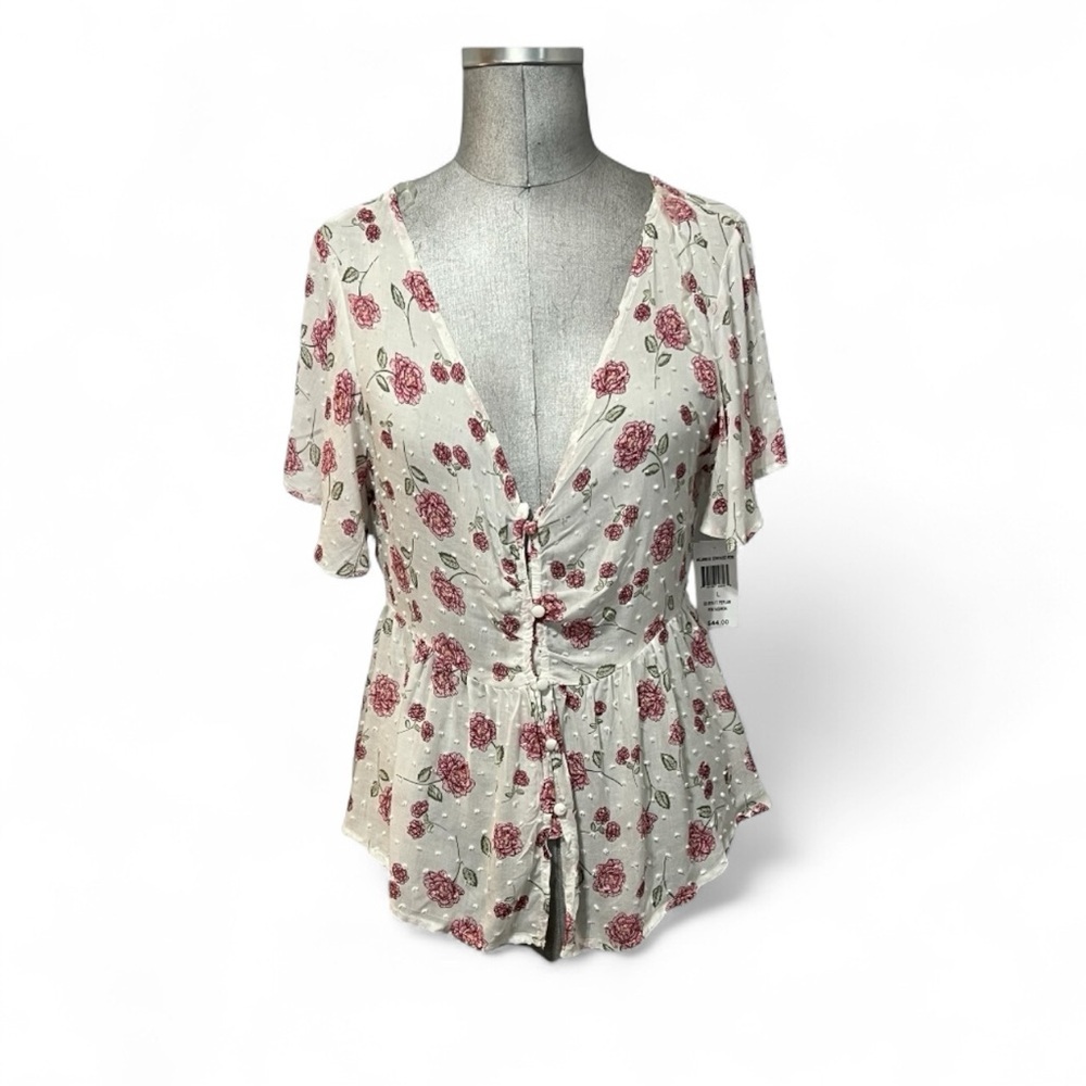 Planet Gold Egret Floral Button-Down Peplum Babydoll Peasant Top Size L (11/13) - Picture 2 of 9